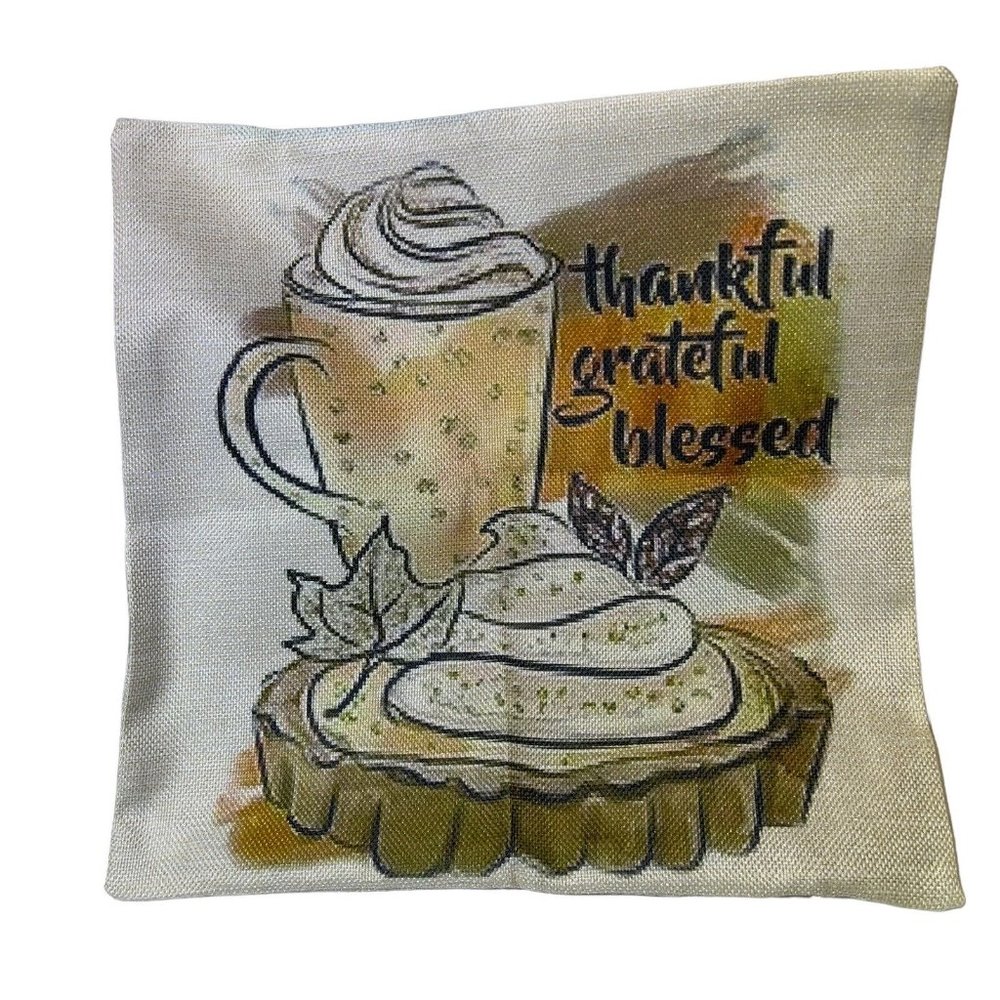 Thankful Grateful Blessed Coffee Cup Double Sided Zip pillow cover 13.5” x 13.5”